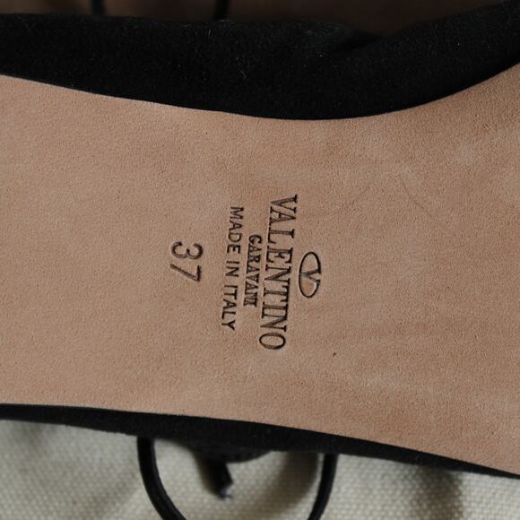 Valentino Black Suede Gold Rockstud Lace Up Ankle-Wrap Pointed Ballet Flat - Picture 8 of 10